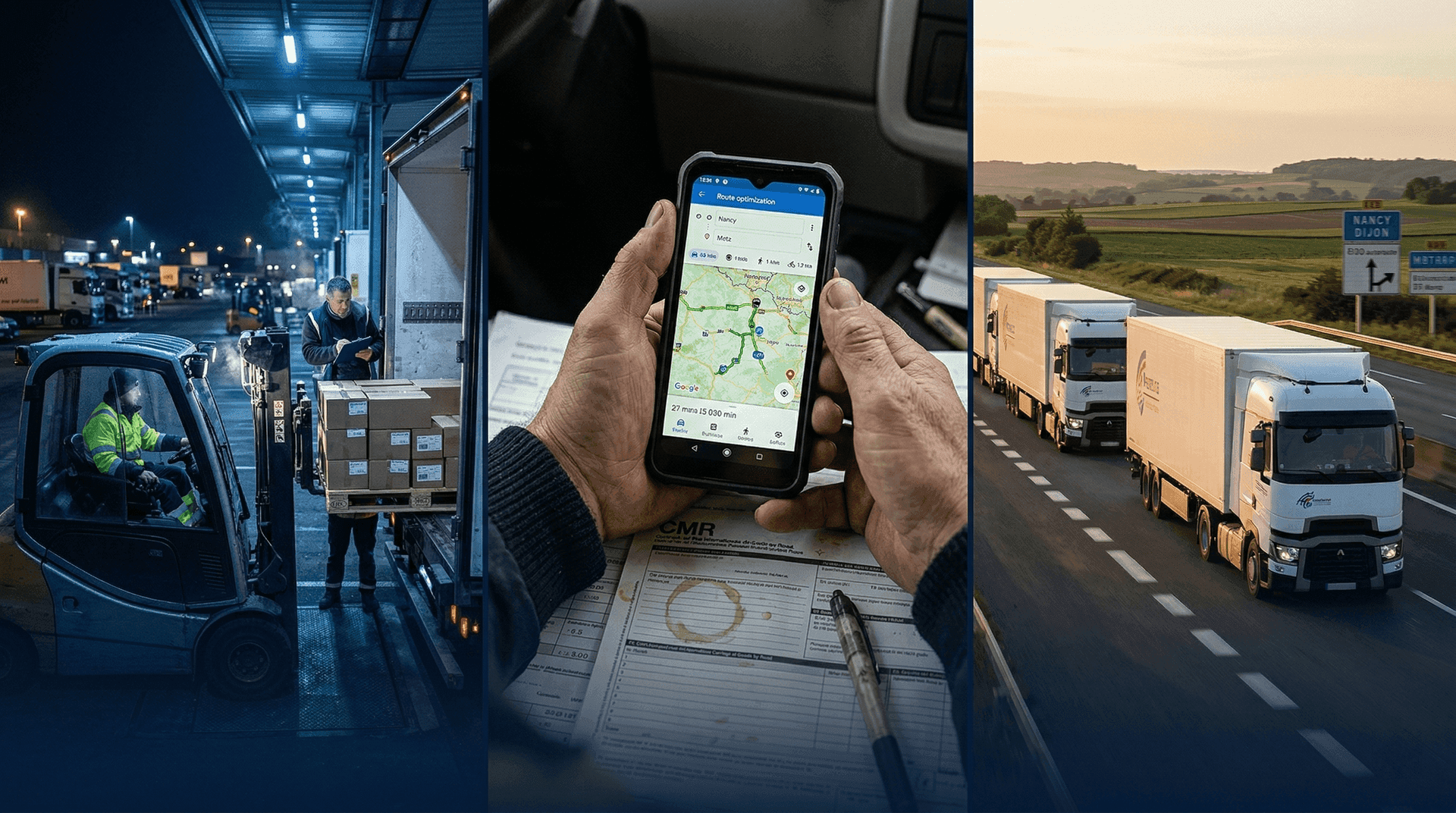 Le quotidien du transport routier — quai de chargement, appels, flotte